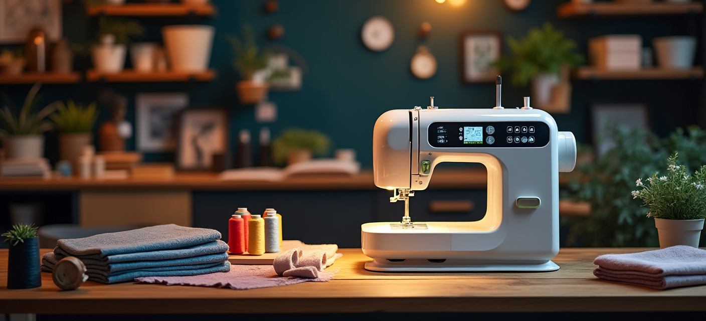 Moderne Nähmaschine mit Garnrollen und Stoff